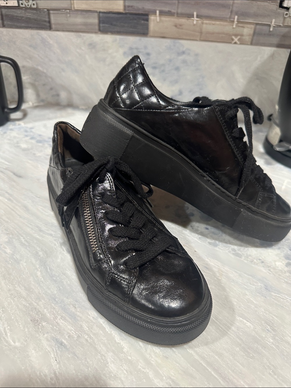 Paul Green Black Quilted Leather Platform Sneakers with Side Zip Accent